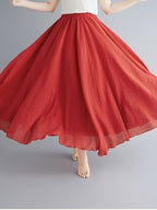 Solid Color Ethnic Style Literary Double-Layer Non-See-Through Midi Skirt for Women, Spring Summer Autumn Zen Style Long Dress with Wide Hem, High Waist Flowy - Bright Red