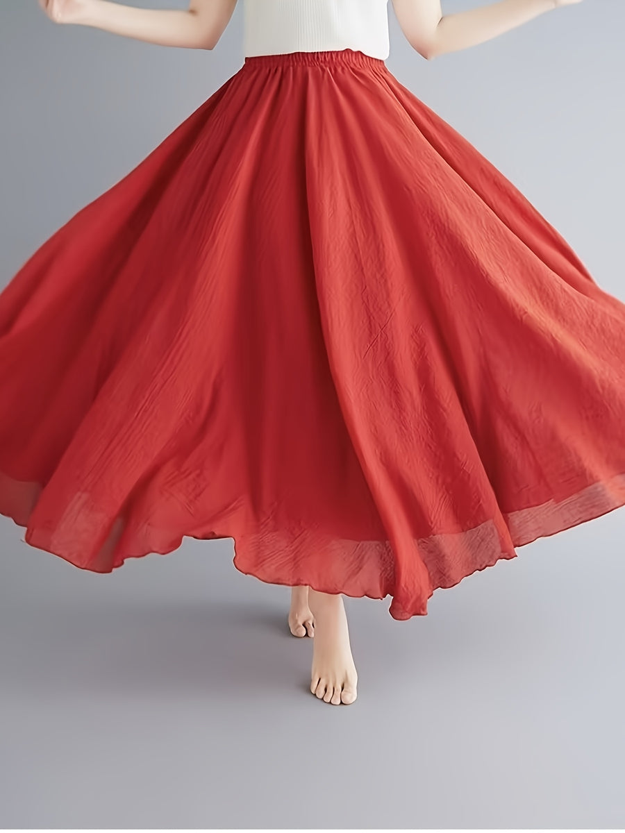 Solid Color Ethnic Style Literary Double-Layer Non-See-Through Midi Skirt for Women, Spring Summer Autumn Zen Style Long Dress with Wide Hem, High Waist Flowy - Bright Red