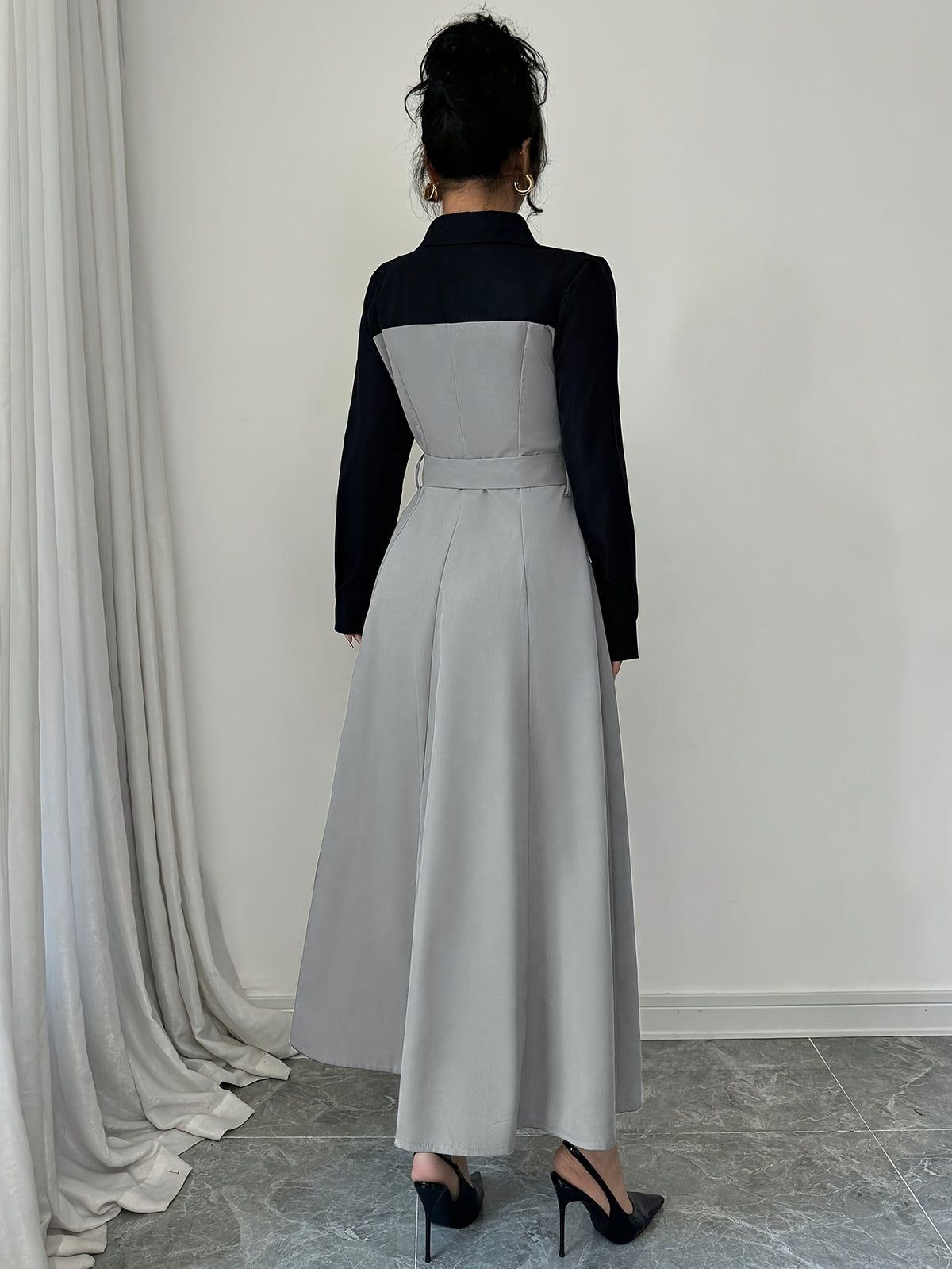 Fashionable Versatile Elegant Commute V-Neck Patchwork Contrast Solid Long Sleeve Waist-Cinching Belt Dress - Silvery Grey