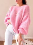 French Lazy Round Neck Sweater Early Autumn Early Winter Oversized Lantern Long Sleeve Women'S Soft Plush Skin-Friendly -Concealing Single Piece Versatile Inner Wear Outer Wear Commute Date Travel Casual Relaxed Atmosphere Pullover Top ASD1 - Pink Color