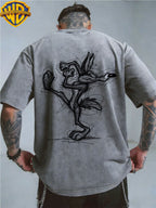 Officially Licensed by Warner. Featuring The Cartoon Print of Le Yitong'S Mischievous Wolf. This Men'S Distressed T-Shirt Is a New Summer Style with Faded And Retro Look. Perfect for Daily Wear - Grey