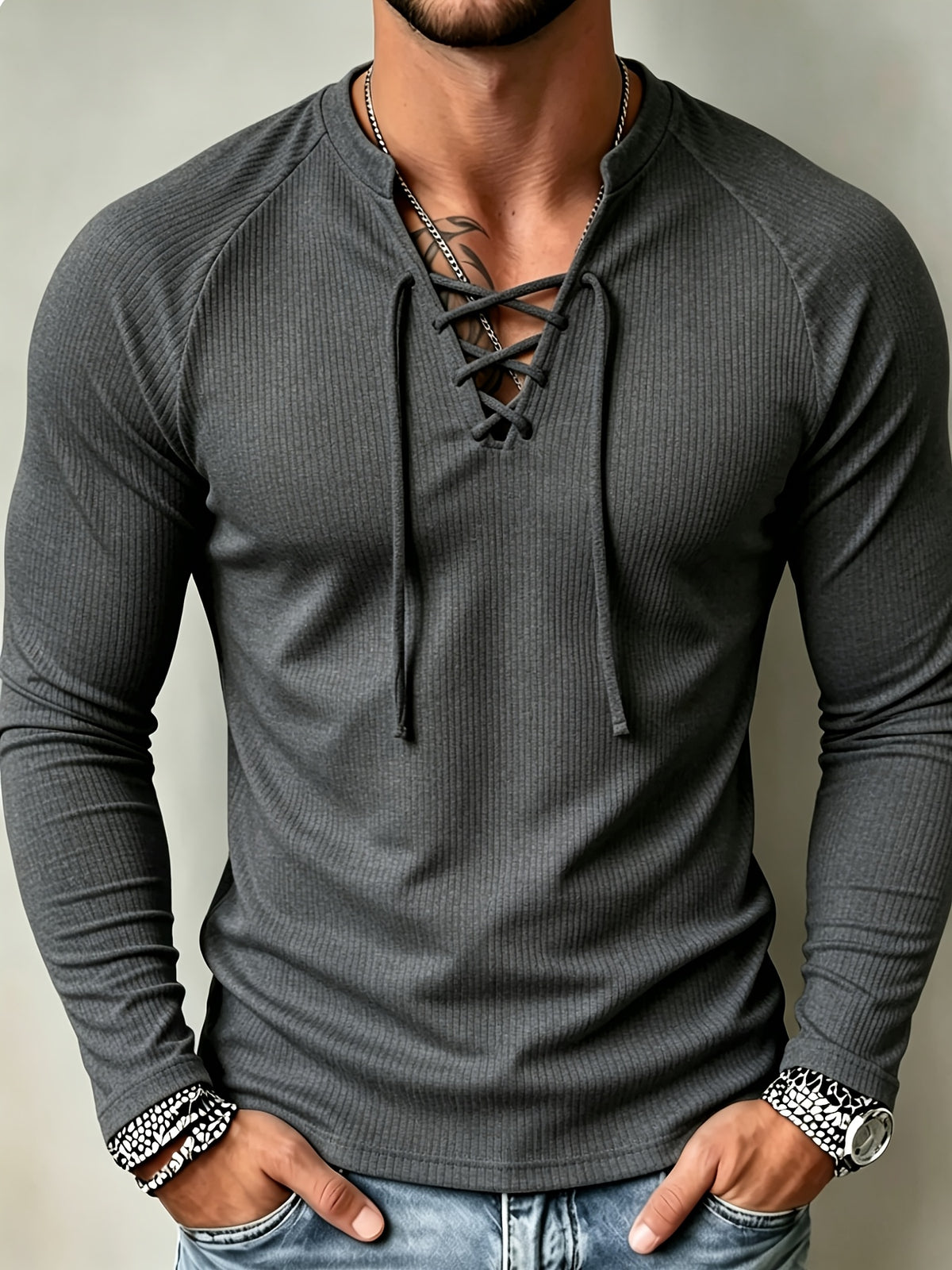 New American Vintage Men's Ribbed Cable Knit Long Sleeve T-Shirt with Cross-Front Tie Design, Raglan Sleeves for a Slim Fit and Muscle Definition, Solid Color Stretchy Casual Base Layer Top, Autumn/Winter Trend, Available in Multiple Colors - Dark Gray