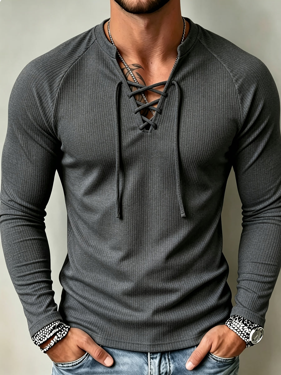 New American Vintage Men's Ribbed Cable Knit Long Sleeve T-Shirt with Cross-Front Tie Design, Raglan Sleeves for a Slim Fit and Muscle Definition, Solid Color Stretchy Casual Base Layer Top, Autumn/Winter Trend, Available in Multiple Colors - Dark Gray
