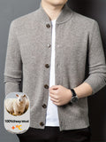 Xingfan OBM 2025 Autumn/Winter Men's 100% Wool Stand Collar Knit Cardigan, Crafted from Premium Pure Wool. Featuring a Simple yet Elegant Stand-up Collar and Single-breasted Button Design for Strong Warmth Retention. The Standard Fit Is Suitable - Gray Camel