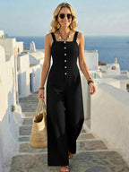Elegant Lightweight Women'S One-Piece Jumpsuit, Sleeveless Square Neck Button Front Wide Leg Jumpsuit, Spring Summer Casual Trouser Suit for Mature Ladies, Comfortable Textured Fabric Jumpsuit with Pockets, Versatile Office & Everyday Wear Pants - Black