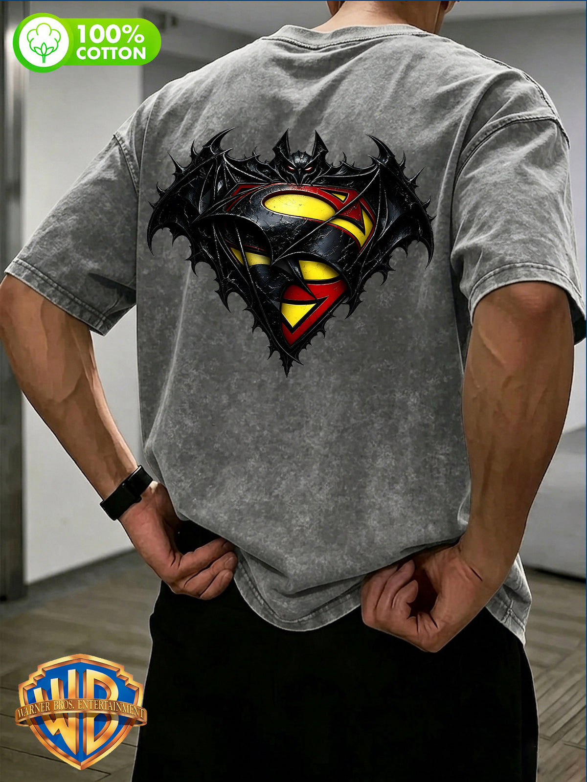 1pc, Men'S 100% Washed "Retro Washed DC Heroes Front And Back Print Pure Loose Casual Short Sleeve T-Shirt" Casual All-Match Loose Summer Round Neck Short Sleeve, Double-Sided Print - Suitable for Outdoor Sports, Gym, Daily Wear - Grey