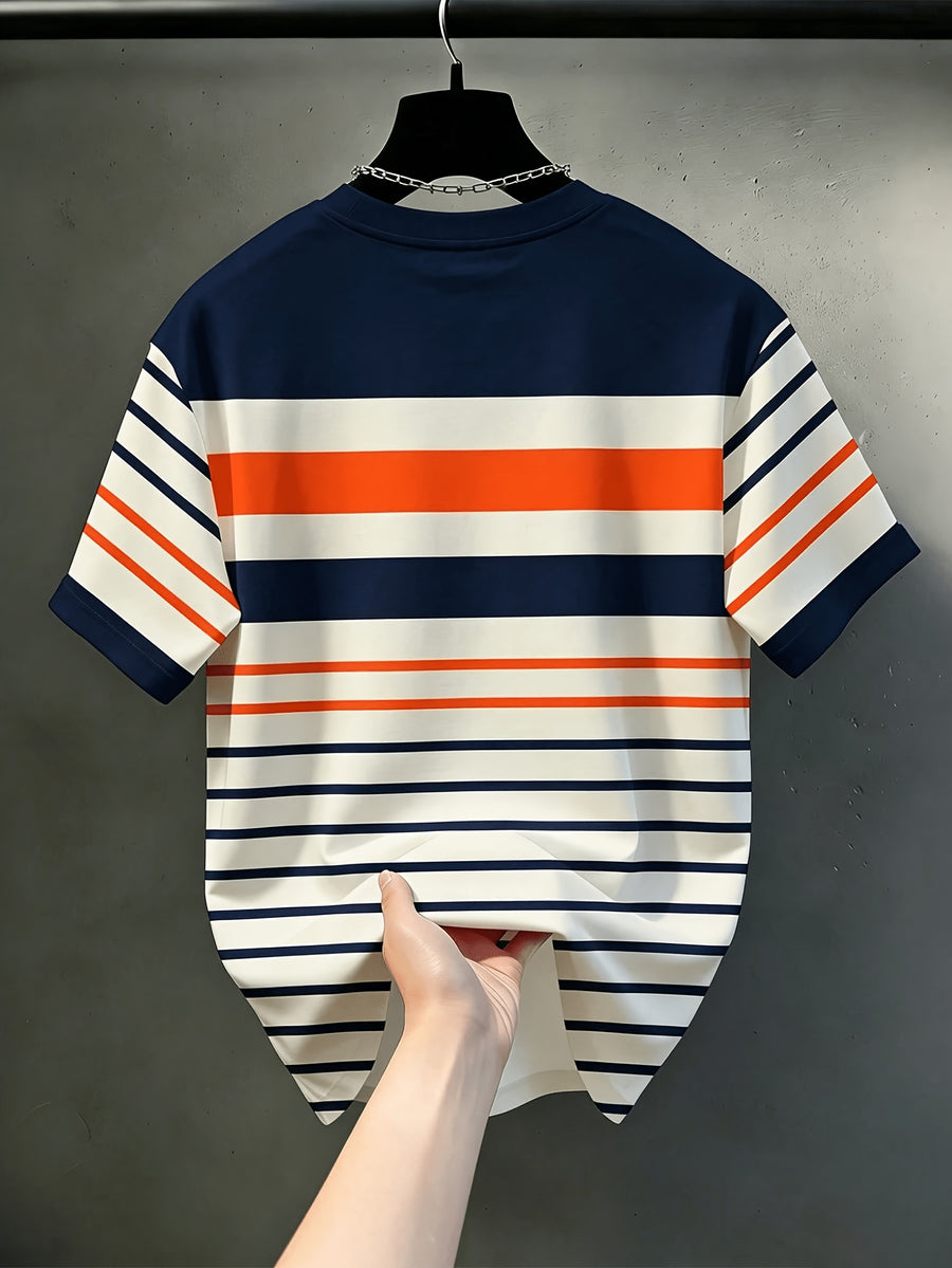 Men's Casual Crew Neck T-Shirt, Classic Striped Design with "PARIS" Word Graphic, Draped Fashion Top, All-Season Wear, Breathable Regular Fit for Daily and Formal Outfits - Crew Neck Casual Top, Comfortable to Wear, Gift for Teens and Adults - Mixed colors