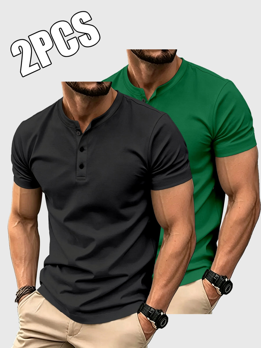 2pcs Set of Men'S Solid Color T-Shirts, Summer Classic Henley Shirts, Suitable for Casual Wear - Black+Dark Green