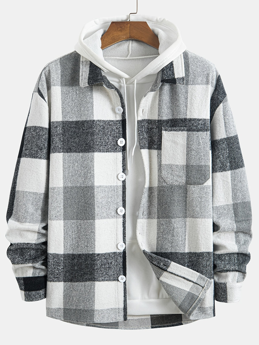 Plaid Shirt Collar Jacket Coat - Grey