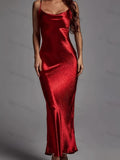 Elegant and High-end Satin Halter, Backless, Lace-up, Waist and Hip Dress, Retro and Fashionable, Party, Gathering, Wedding Dress, Vacation Bridesmaid Dress for Ladies - Red