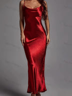 Elegant and High-end Satin Halter, Backless, Lace-up, Waist and Hip Dress, Retro and Fashionable, Party, Gathering, Wedding Dress, Vacation Bridesmaid Dress for Ladies - Red