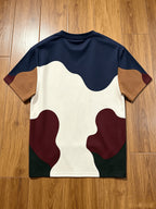 Men's Casual Crew Neck T-Shirt, Geometric Pattern Patchwork Stripe Design, "Chicago" Word Graphic, Machine Washable Polyester Fiber, Stylish Top for All Seasons, Breathable Regular Fit for Daily and Formal Wear - Crew Neck Casual Top - Color Mixing 4