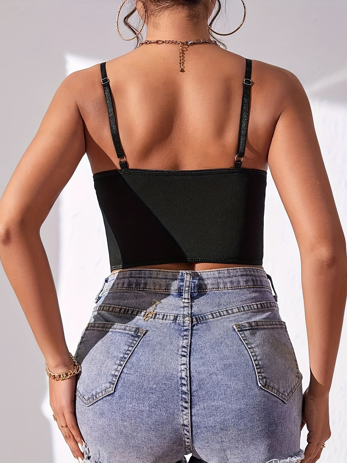 2024 New Product European and American Foreign Trade Sexy Lace Steel Rim Diamond Fish Bone Exposed Navel Perspective Hot Decoration Body Small Vest Female - Black