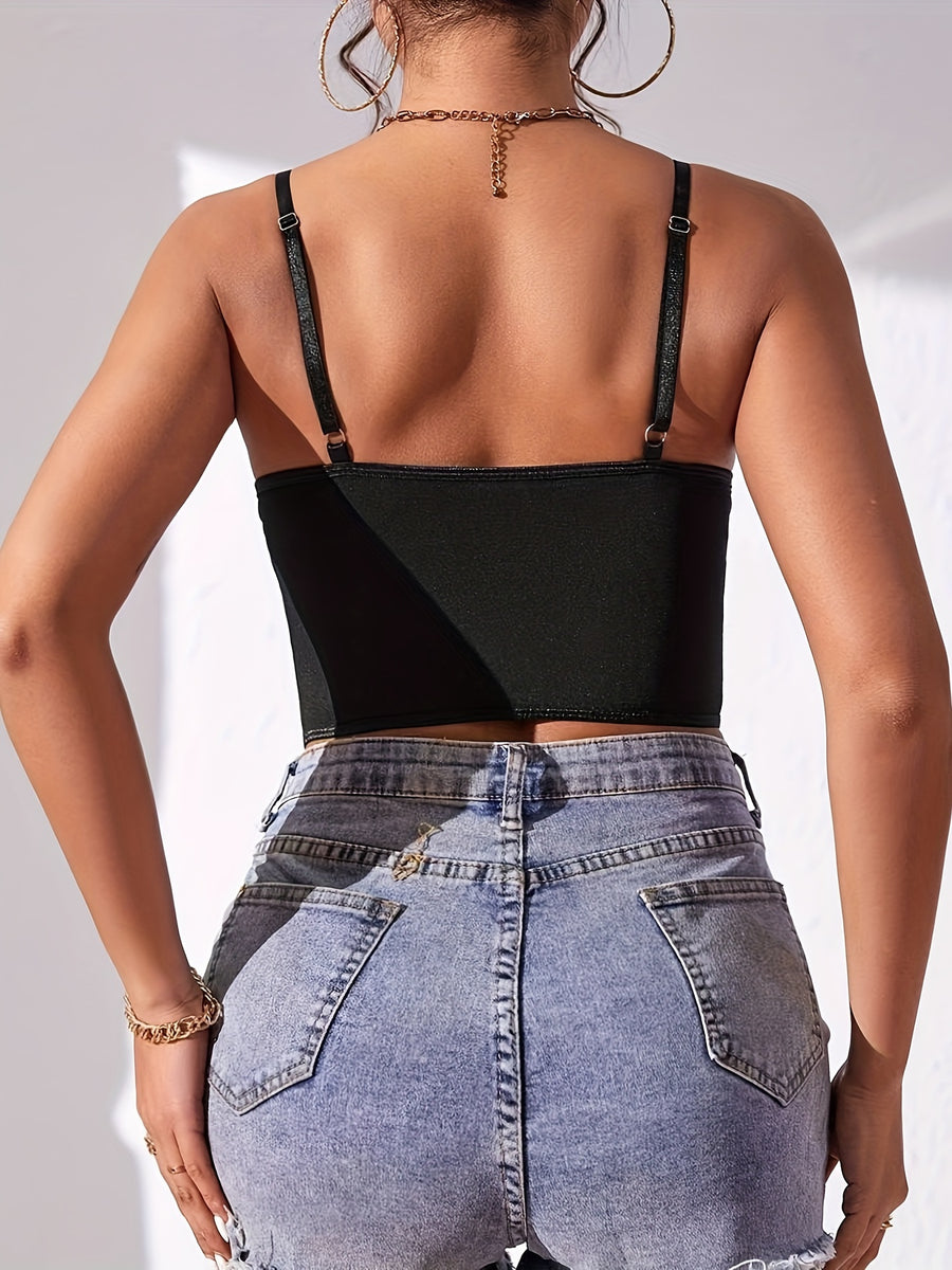 2024 New Product European and American Foreign Trade Sexy Lace Steel Rim Diamond Fish Bone Exposed Navel Perspective Hot Decoration Body Small Vest Female - Black