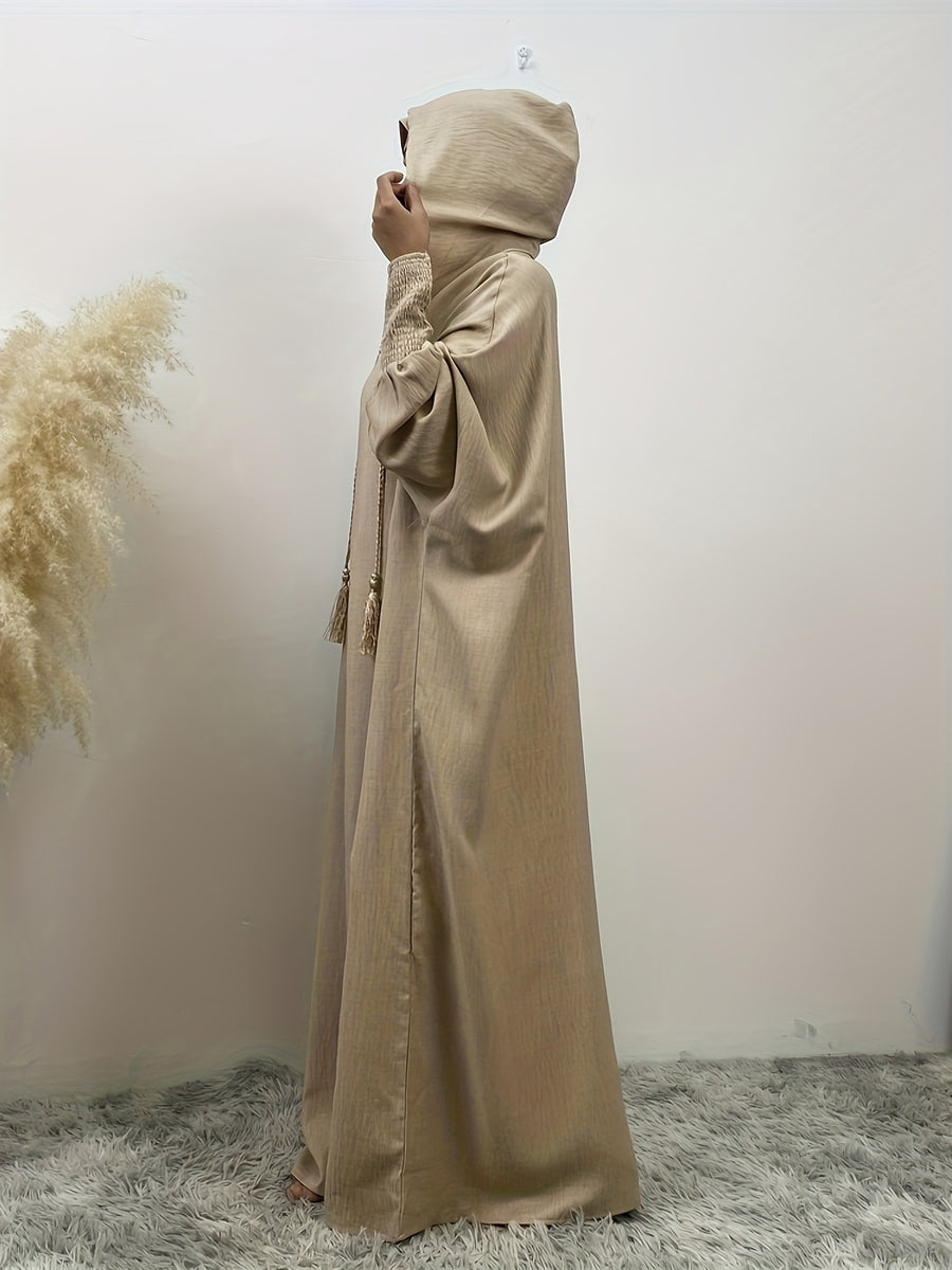 Fashionable Muslim Batwing Sleeve Hooded Abaya Casual Hooded Dress - Apricot