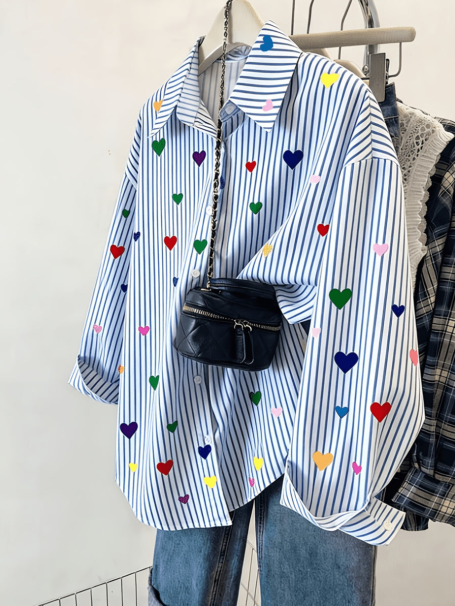 Ladies Striped Print Casual Long Sleeve Shirt - Mixed colors