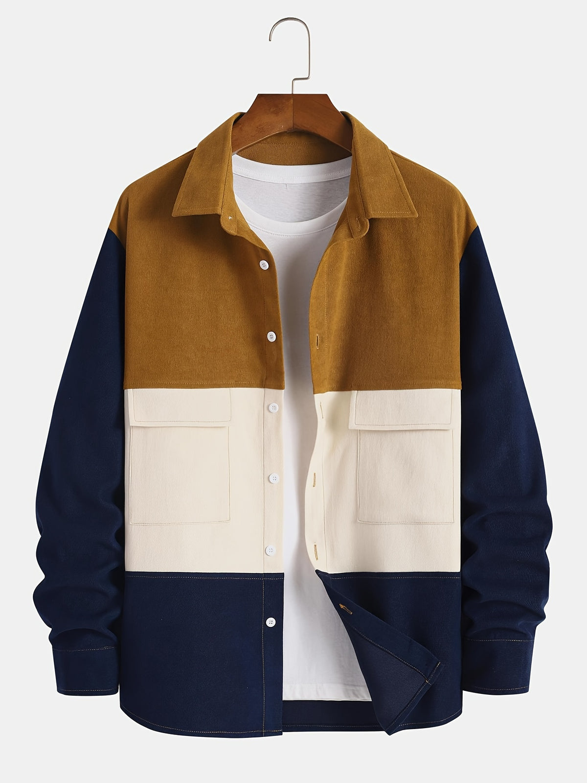 Men's Gift, Contrast Color Spliced Lapel Double Pocket Design Casual Fashion Daily Outing Commuter Versatile Spring Autumn New College Style Trendy Hoodie Jacket - Navy Color