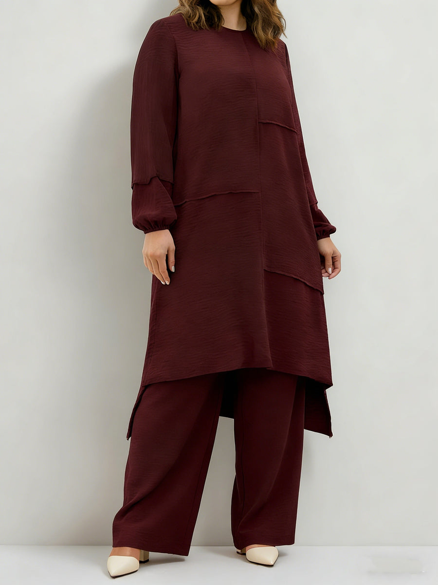 Eid Muslim 2pcs Jilbab Set | Modest Abaya with Wide Leg Pants | Traditional Daily Commute Wear - Burgundy