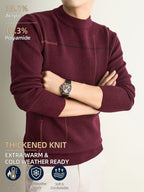 Men's Fall Winter Knit Pullover Sweater with Classic Stripes. Thick, Warm and Comfortable in a Timeless Old-money Style. Perfect for Commuting, Casual Wear, Sports, Hiking, Camping and Fishing. A Great Gift for Fathers and Husbands. - Burgundy