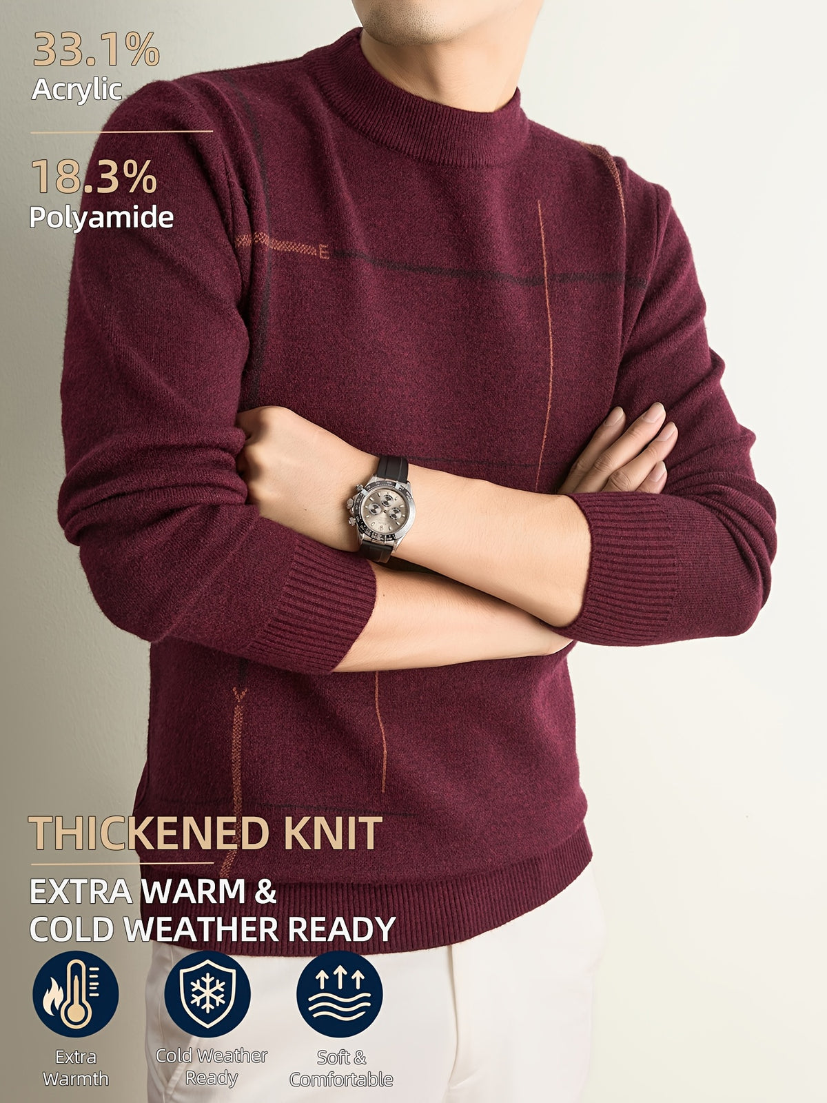 Men's Fall Winter Knit Pullover Sweater with Classic Stripes. Thick, Warm and Comfortable in a Timeless Old-money Style. Perfect for Commuting, Casual Wear, Sports, Hiking, Camping and Fishing. A Great Gift for Fathers and Husbands. - Burgundy