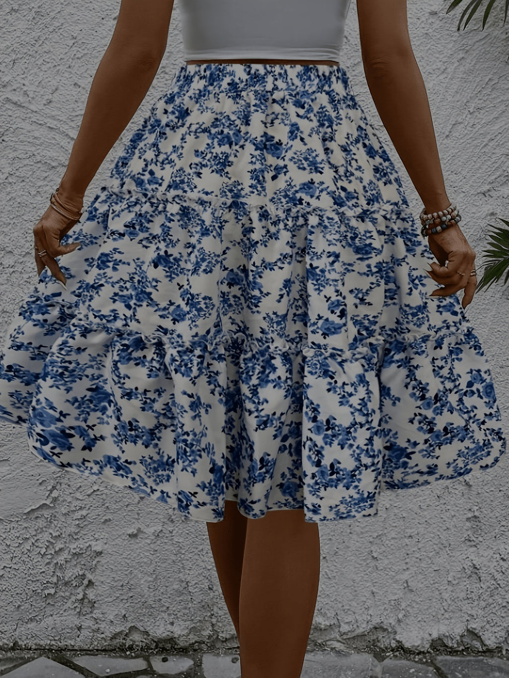 Elastic Waist Printed Tiered A-Line Skirt - Blue