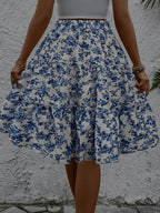 Elastic Waist Printed Tiered A-Line Skirt - Blue