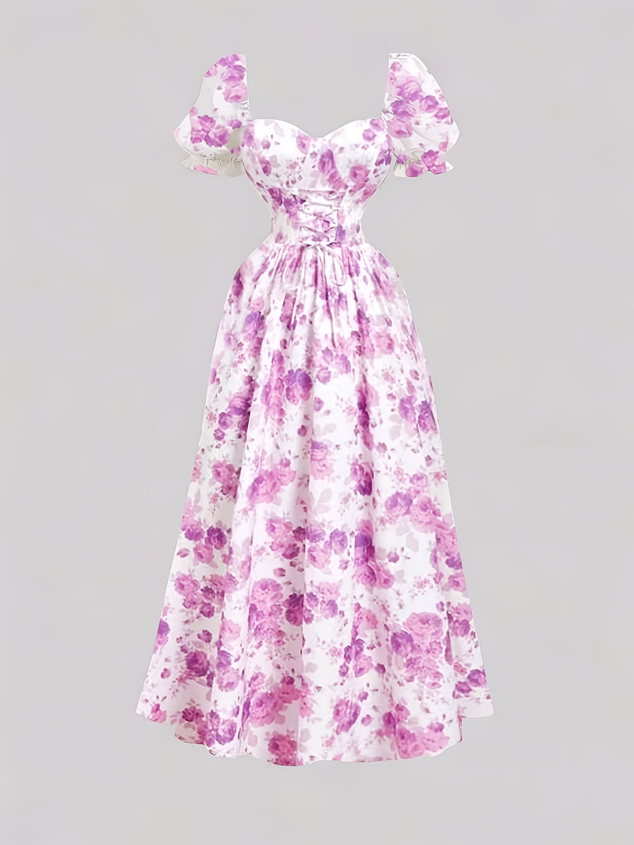 Ladies' New Spring And Summer Elegant Floral Print Long Dress, Bubble Sleeve Design, Front Waist Tie, Back Waist Shirred Waist, Elegant And Flowing, Romantic Long Dress, Suitable for Daily Wear, Party Gatherings, Vacation Holidays - Violet