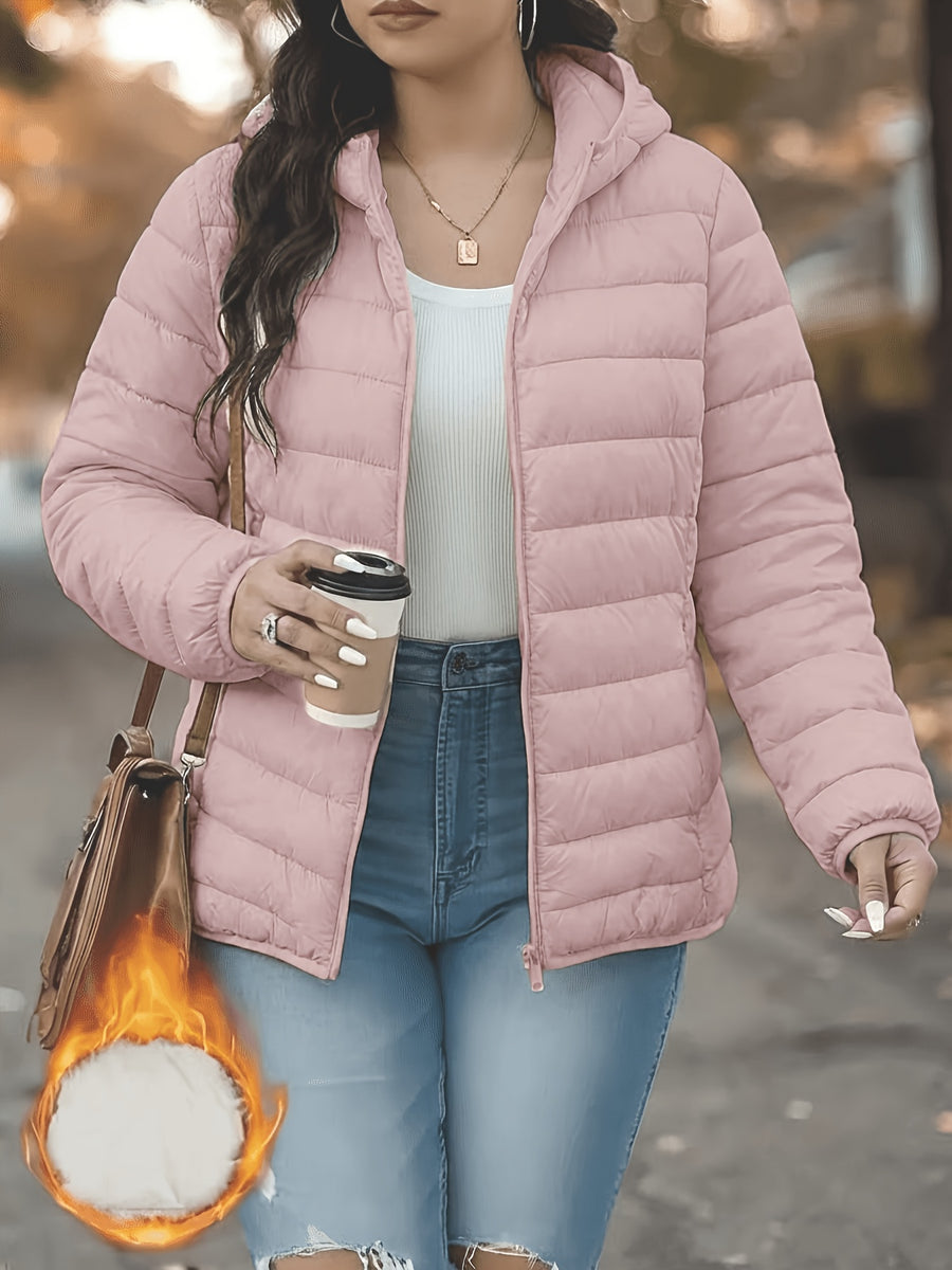 Spring, Autumn, Winter Women's Padded Coat, Fall/Winter Women's Apparel, Hooded Design, Full Zip Front, New Year, Valentine's Day, Popular Korean Top, Suitable for Office, Commuting, Shopping, Simple Outerwear, Coat for Petite Women, High-Quality - Pink Color