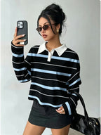 [Printed Design – Not Textured] Women's New Long-Sleeve Fashionable and Versatile Polo Shirt, American Vintage Striped Style in Black, Light Blue, and White Contrasting Horizontal Stripes with White Collar and Printed Long Sleeves. A Flattering - Multicolor