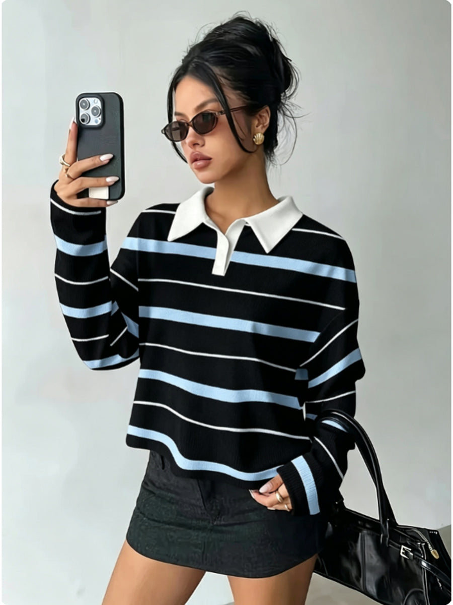 [Printed Design – Not Textured] Women's New Long-Sleeve Fashionable and Versatile Polo Shirt, American Vintage Striped Style in Black, Light Blue, and White Contrasting Horizontal Stripes with White Collar and Printed Long Sleeves. A Flattering - Multicolor