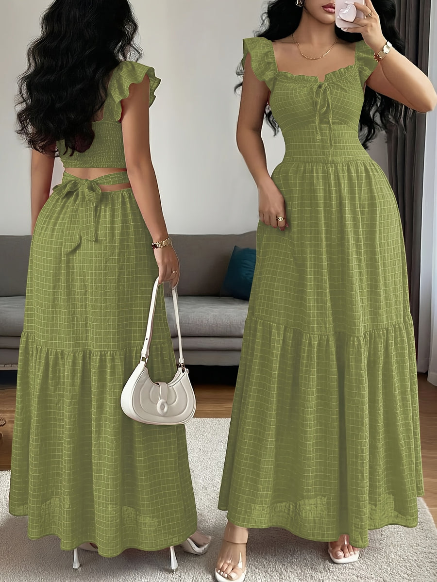 Vintage Red Polka Dot Square Neckline Ruffle Hem Dress with Backless Bow Waist Tie and Flared Skirt, Vacation Style Women's Dress - Light Green