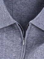 New Spring/Autumn Vertical Stripe Knit Polo Shirt for Men, Half-Zip Lapel Short Sleeve Light Luxury Stretch Casual Base Layer Top, Suitable for Daily Work Wear - Grey