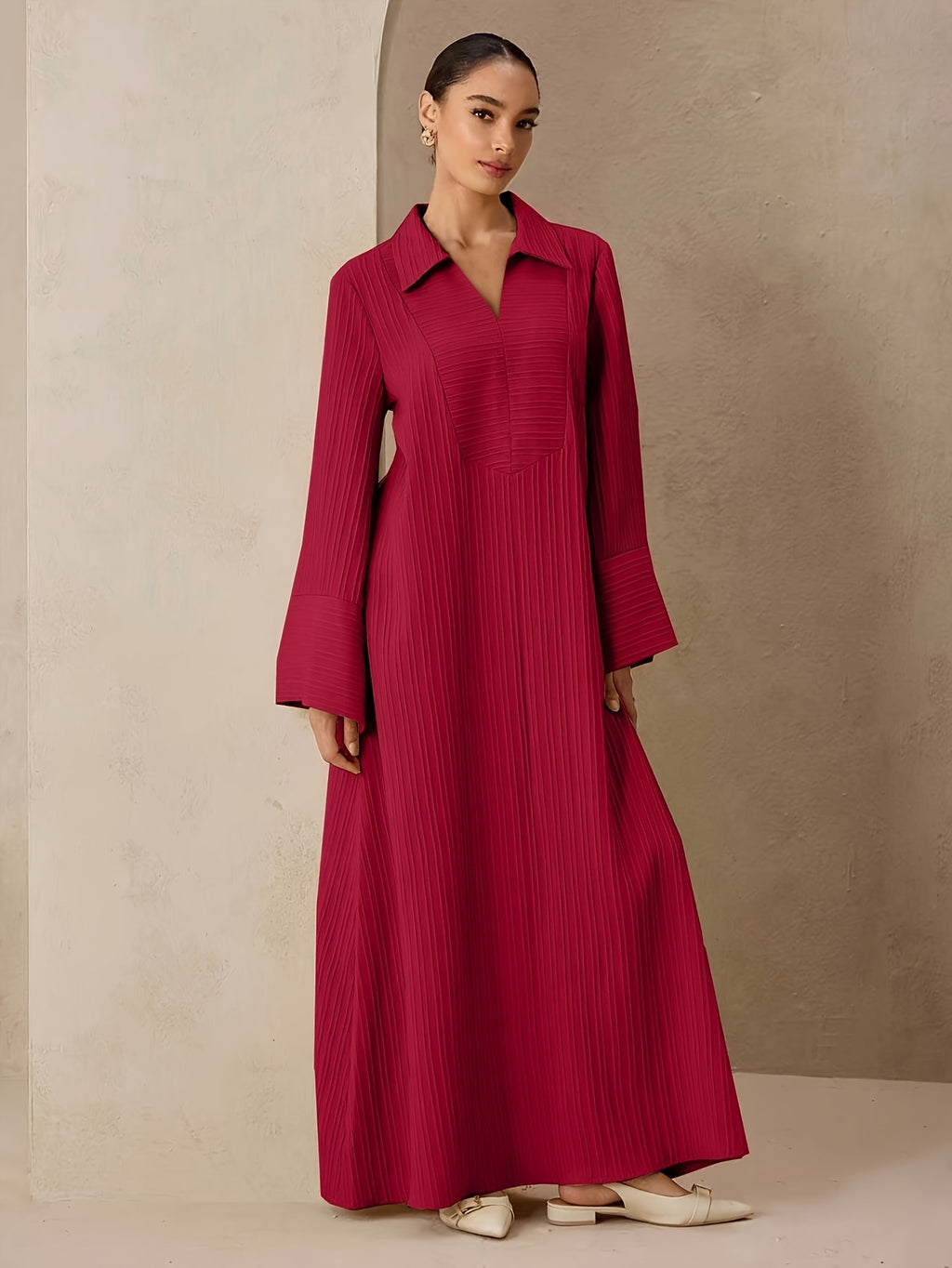Women'S Ruched Middle Eastern Muslim Elegant Solid Color Patchwork Neckline A-Line Abaya - Brick Red