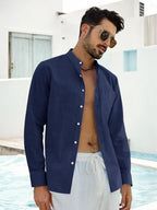 Men'S Shirt Long Sleeve Stand-Up Collar Breathable Regular Fit Casual Shirts Casual Summer Beach Shirt with Pocket - Navy Color