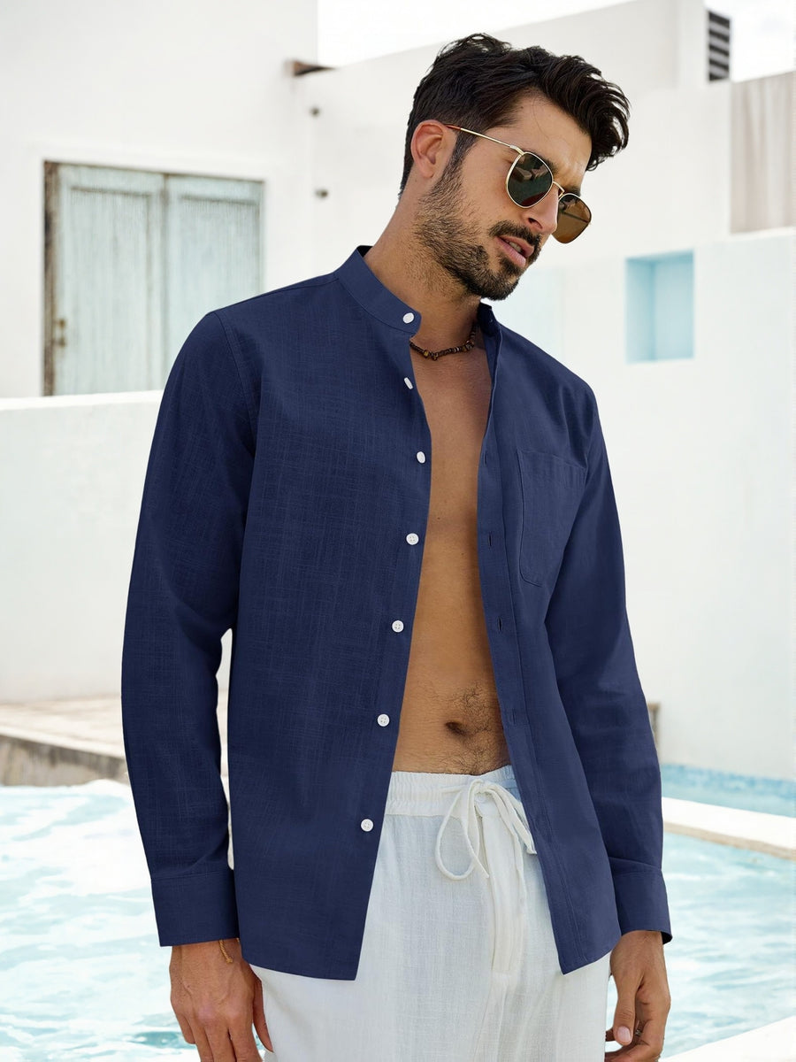 Men'S Shirt Long Sleeve Stand-Up Collar Breathable Regular Fit Casual Shirts Casual Summer Beach Shirt with Pocket - Navy Color