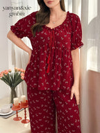 Plus Size Women'S Elegant Fashion Front Tie Bow Printed Short Sleeve Long Pants Home Wear Set - Red