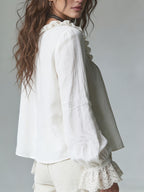 Women's Boho Ruffled V-Neck Half-Zip Blouse, Vintage Lace Trim Long Sleeve Top, Casual Loose-Fit Shirt for Spring and Summer - White