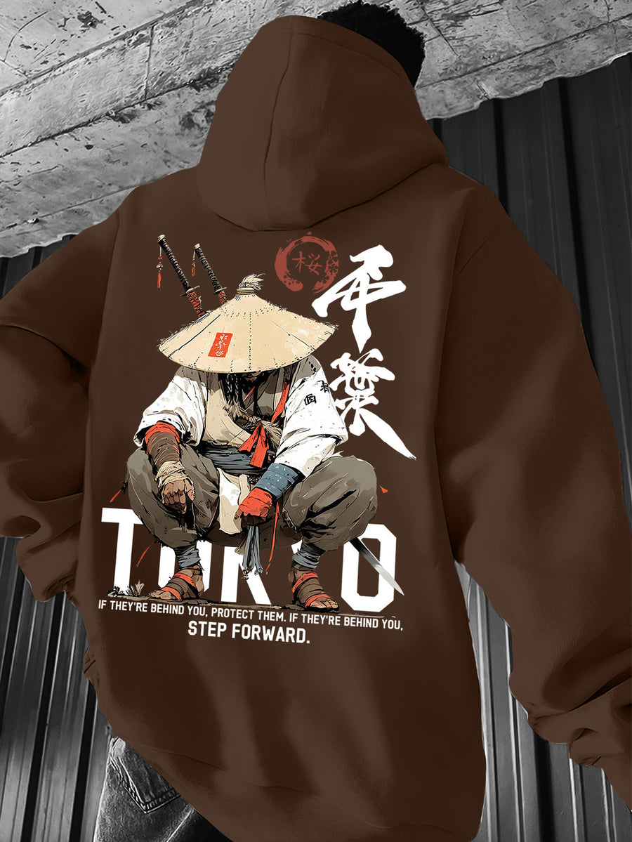 Men's Japanese Ronin Kendo Samurai Hooded Sweatshirt, Printed Hoodie, Trendy Streetwear Vintage Versatile Heavyweight Sweatshirt, Autumn Essentials - Coffee Color