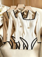 3pcs Set Women'S Square Neck Long Sleeve Bodysuit Sheath Bodysuit Ribbed Spring Fall Base Layer Sweater Autumn Winter Inner Wear Commute Elegant Women'S Casual Shopping Versatile Elegant Women'S Clothing ZLLZ - White + Apricot Color + Khaki