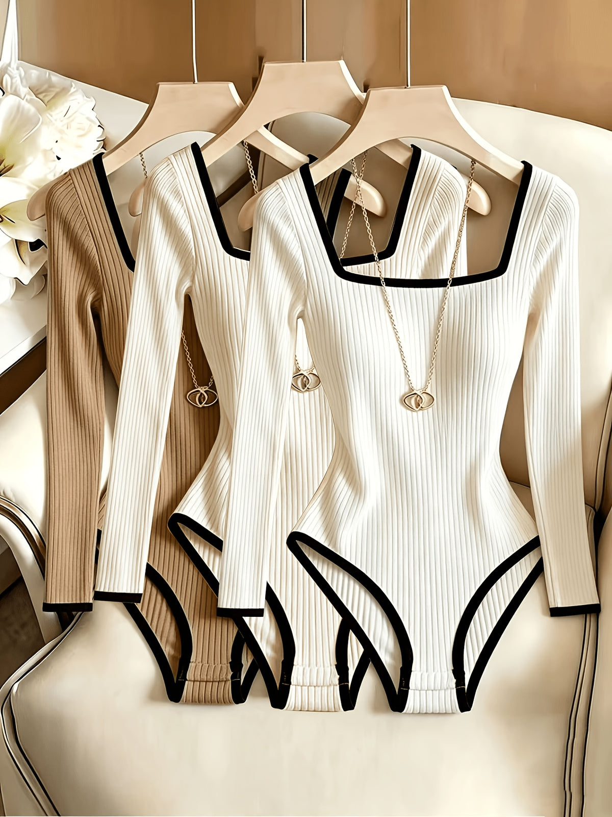 3pcs Set Women'S Square Neck Long Sleeve Bodysuit Sheath Bodysuit Ribbed Spring Fall Base Layer Sweater Autumn Winter Inner Wear Commute Elegant Women'S Casual Shopping Versatile Elegant Women'S Clothing ZLLZ - White + Apricot Color + Khaki