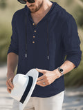 Men's Linen Hooded Henley Shirt, Summer Lightweight Breathable Casual Long-Sleeve Top - Navy Color