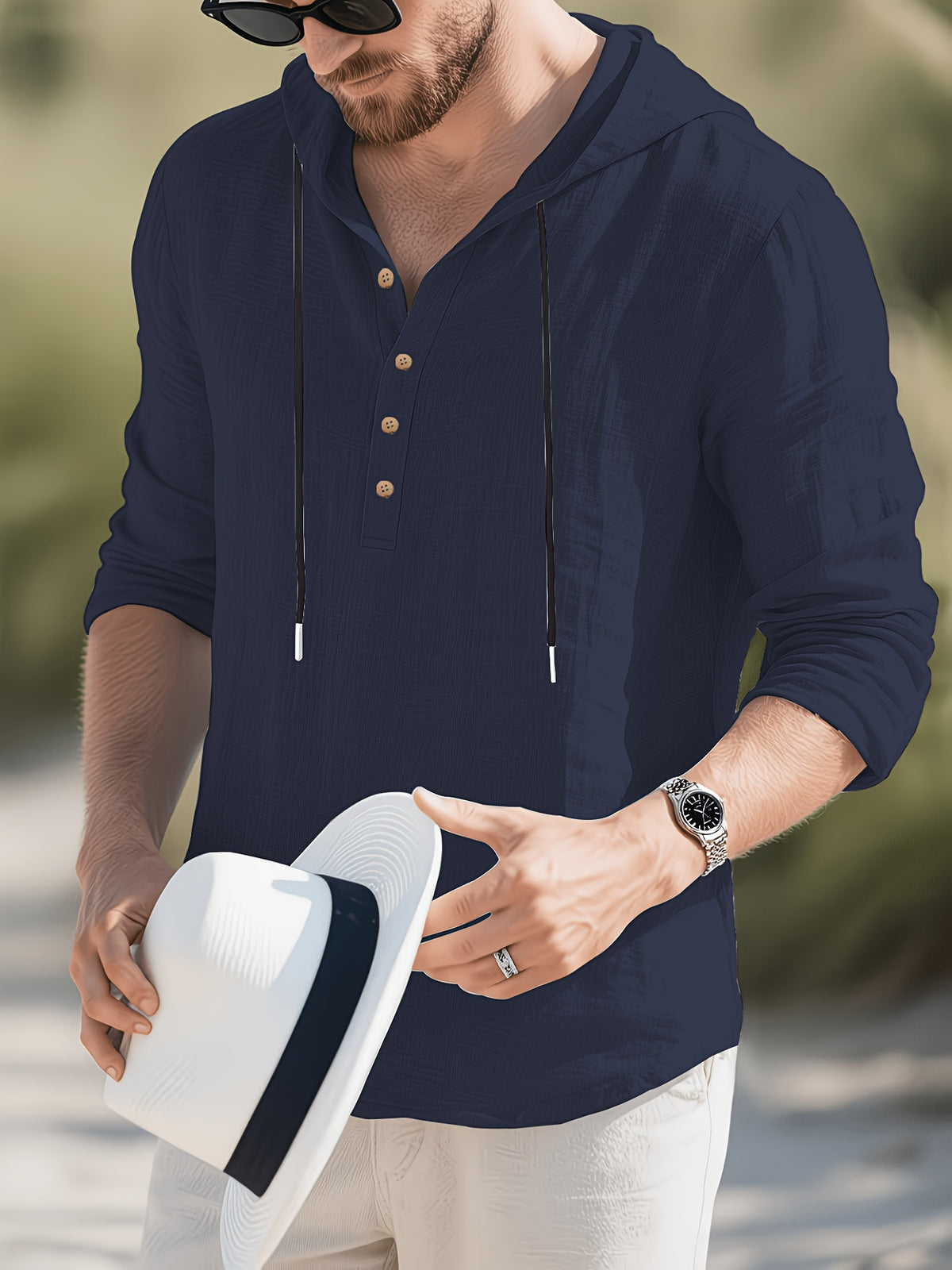 Men's Linen Hooded Henley Shirt, Summer Lightweight Breathable Casual Long-Sleeve Top - Navy Color