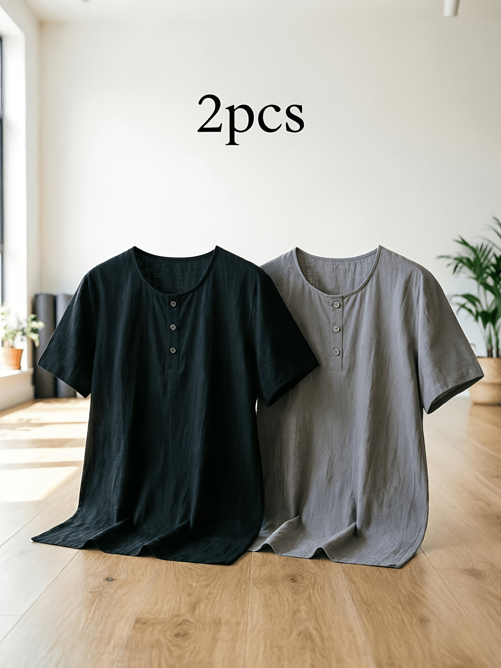 Summer Men's Linen Henley T-Shirts 2pcs, Loose Fit Short Sleeve Casual Tee, Breathable Lightweight Basic Tops for Daily Commute & Home Wear, Simple Versatile Design for Multi-Occasion. - Black+gray