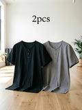 Summer Men's Linen Henley T-Shirts 2pcs, Loose Fit Short Sleeve Casual Tee, Breathable Lightweight Basic Tops for Daily Commute & Home Wear, Simple Versatile Design for Multi-Occasion. - Black+gray