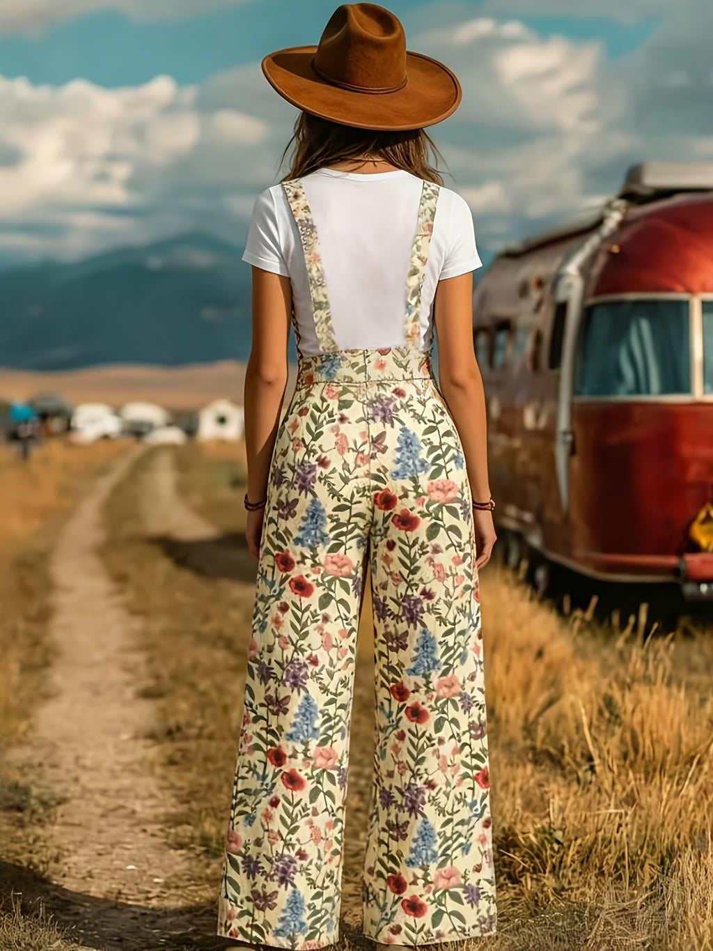 Vintage Floral Print Overalls for Women, Wide-Leg Loose Jumpsuit, Unique Design Outfit, Suitable for Casual Wear Or Vacation, a Comfortable And Youthful Summer Clothing Item - Multicolor