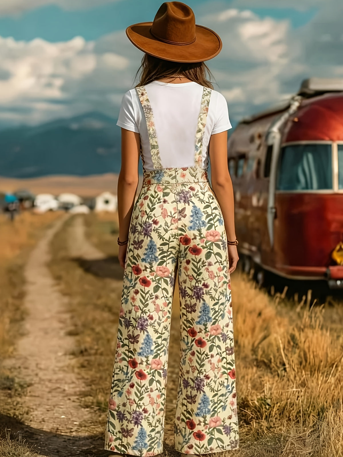 Vintage Floral Print Overalls for Women, Wide-Leg Loose Jumpsuit, Unique Design Outfit, Suitable for Casual Wear Or Vacation, a Comfortable And Youthful Summer Clothing Item - Multicolor