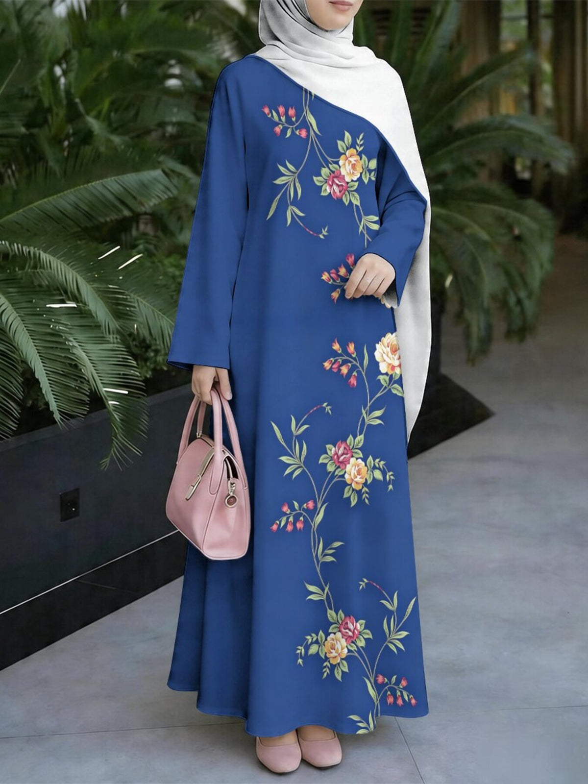 Women'S Middle Eastern Style Muslim Elegant Robe Dress, Suitable for Malaysian Dress, Saudi Large Floral Print Conservative Robe, A-Line Flared Long Sleeve Design, Home Outing Religious Worship Wear, Skin-Friendly Comfortable Non- Craft - Mixed colors