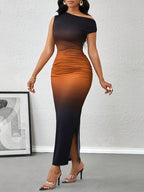 Elegant Dress for Summer Holiday Parties, Featuring a Gradient Print, Asymmetrical Shoulder, Irregular Sleeves, And a Fitted Silhouette with a Slit - Orange-Red
