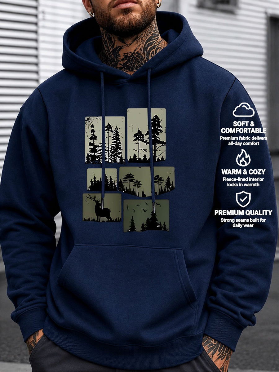 Men's Three-Panel Hooded Sweatshirt with Forest Scenery Patchwork Line Art Print, European and American Outdoor Style Casual Sweatshirt - Navy Color