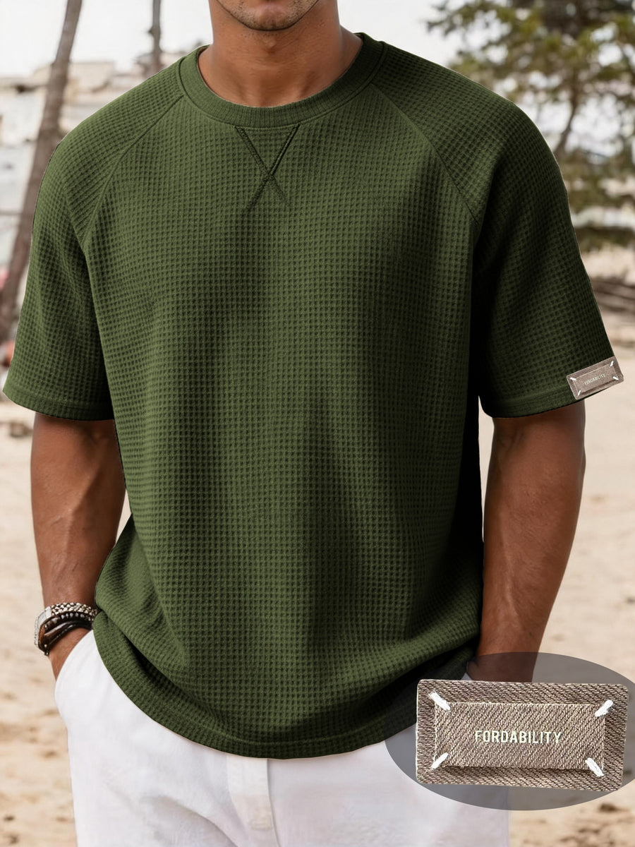 Men's Lightweight Waffle Knit Short Sleeve Shirt, Casual Crew Neck Textured T Shirt with Relaxed Fit Design, Breathable Comfortable Summer Pullover Top for Beach Vacation, Travel, Camping, Outdoor Sports and Casual Attire - Olive Green